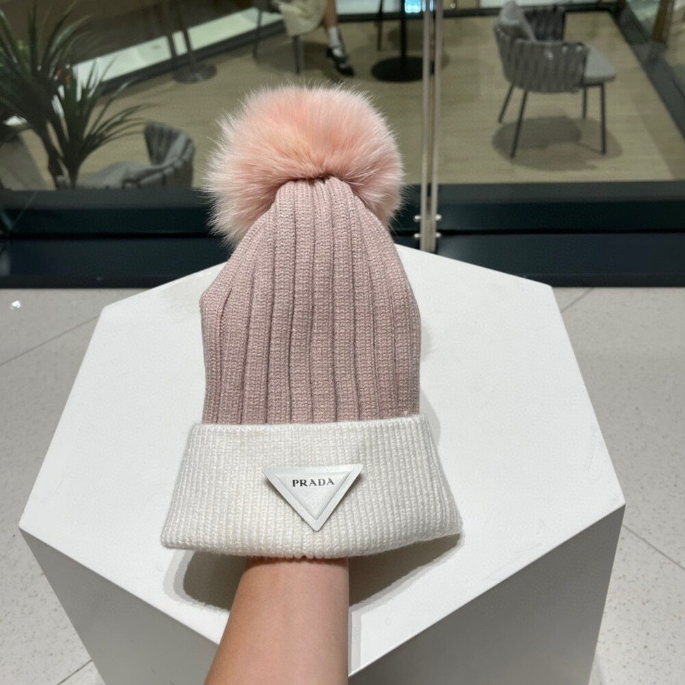 Prada Two Tone Knit Beanie with Pom Pom - Picture 7 of 8